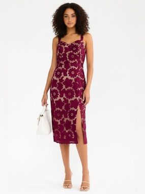 Women’s Burgundy Lace Midi Dress with Side Slit